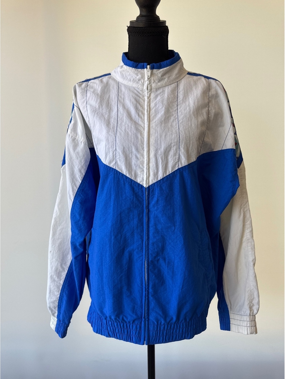 Vintage 80s Tail Windbreaker Jacket Made USA Blue White Geometric Track Sz. M